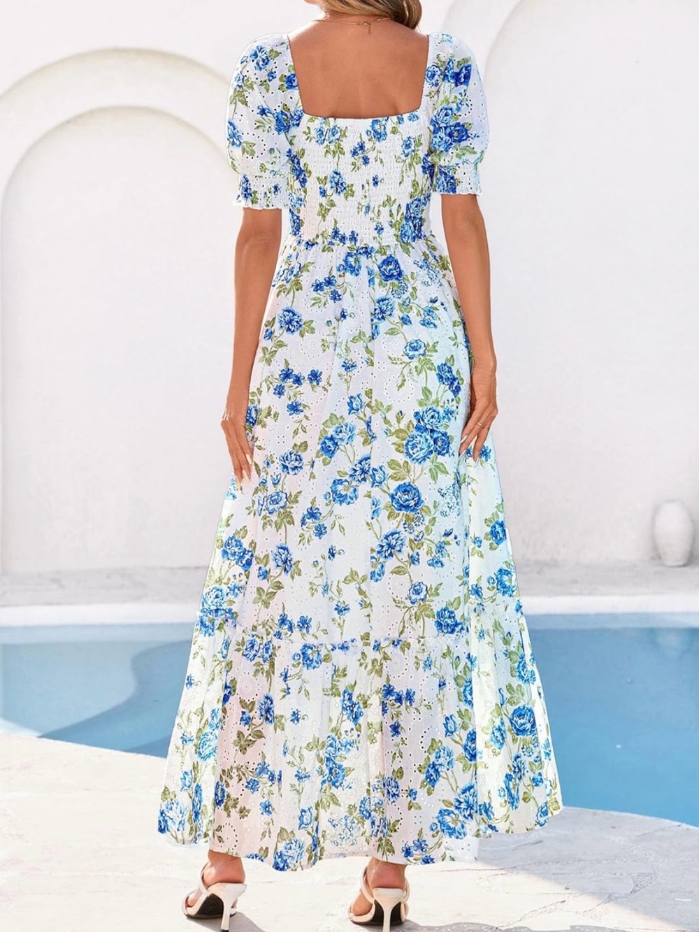 #79 Pretty Garden Blue Floral Puff-Sleeve Maxi Dress A Line Smocked Eyelet - Picture 4 of 11